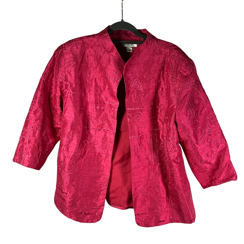 Coldwater Creek Womens Silk Embroidered Jacket Petite Large Pink Open Blazer‎